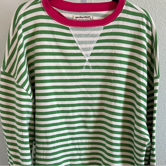 We The Free Tops - We The Free (Free People) Green and White Stripe Sweatshirt with Pink Trim